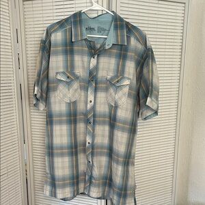 Kuhl Blue and Tan Plaid Button-Down Shirt